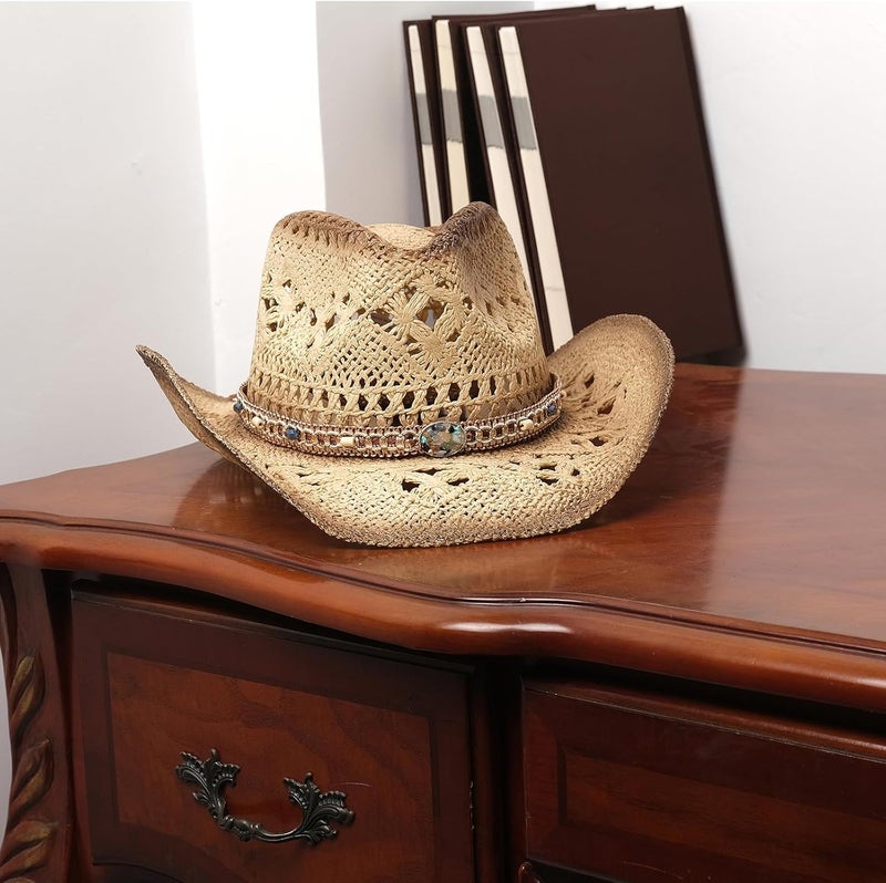 Foeran Men's Women's Straw Cowboy Hat Cowgirl Woven Sun Hat Western Cowboy Hat Two Decorative Bands - Image 4